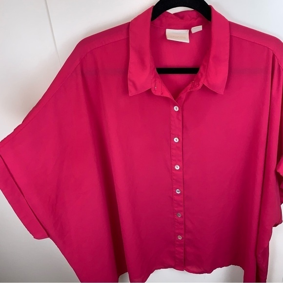 Chico's sz 3/XL Hot Pink Fuchsia Oversized Short Sleeve Button Up Blouse - Picture 2 of 7
